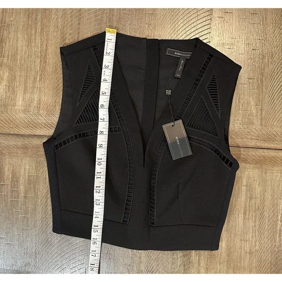 NWT BCBG MAXAZRIA Black Deep V-Neck Tank Crop Mesh Cutouts Womens Size XXS $198 - Picture 11 of 13